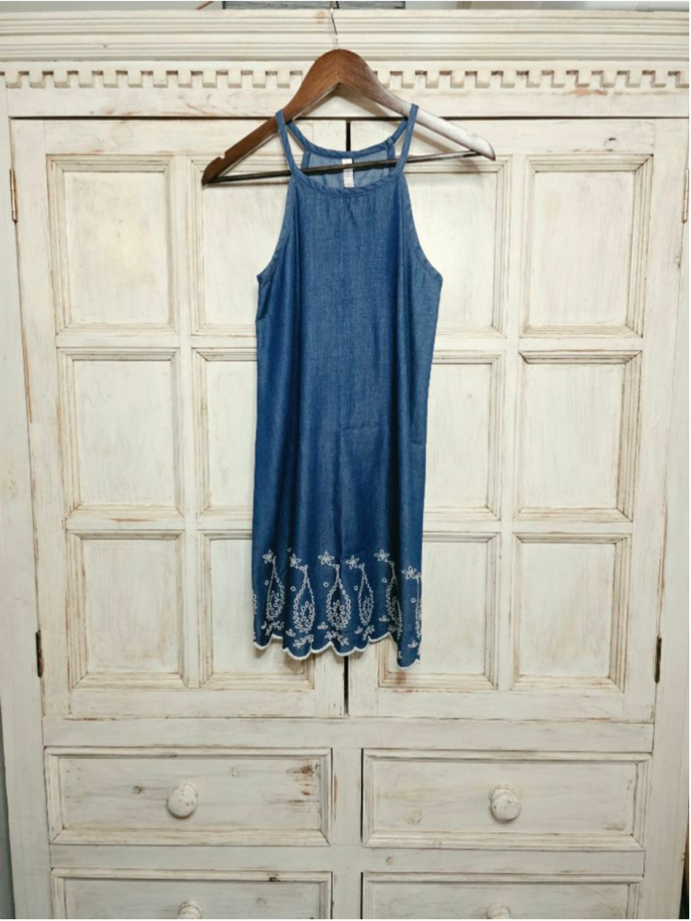Blue Denim Embroidered Mini Dress XS by Xhilaration halter neckline relaxed fit